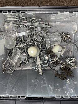 Vintage Ornate Metal Candle Holders & Wall Decor Set