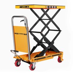 CAMMOO Hydraulic Lift Table Cart, 330 lb Double Scissor Lift, Yellow 49.6" Lift Height, Double Scissor Design, Non-Slip Pad, Safety Guard & Foot Pedal