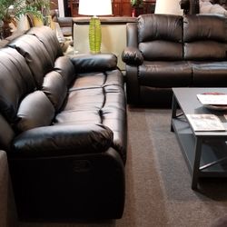 Brand New Black Bonded Leather Manual Reclining Sofa + Loveseat 2PCs Set