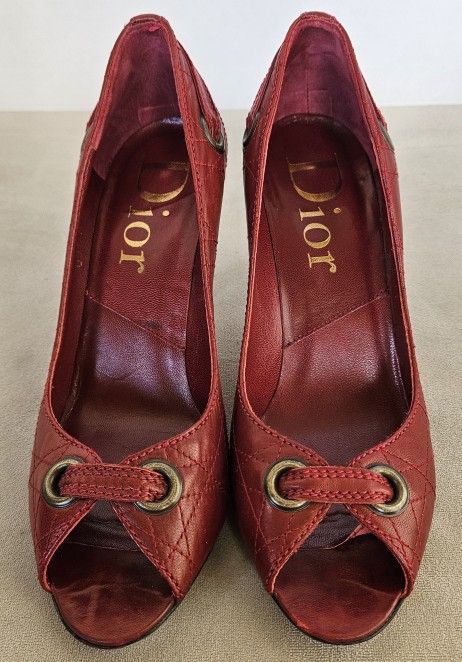 Dior Cannage Red Peep-Toe Pumps - Size 36/Authentic