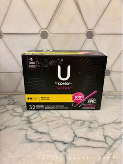 U by Kotex Click Compact Unscented Tampons. Box has 32 regular absorbency tampons. Product is 100% leak-free with compact design. Unopened box.