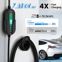 Romaa Level 2 EV Charger for Tesla, 25ft Cable, WiFi App, 32A Portable NACS Connector, 240V/120V Adapters