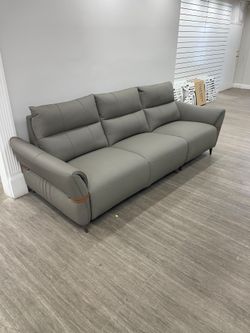 Gray Leather 3-Seat Sofa with Wood Arm Accents