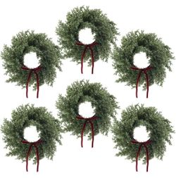 Set Of 6, 12 Inches Pine Wreath with Red Bow Cedar Wreaths Realistic Christmas Decorations for Holiday Xmas Wall, Window