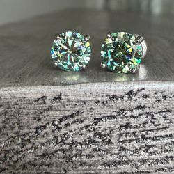 2CT 6.5MM Aqua Teal Moissanite Solitaire Stud 925 Silver Earrings (screw-backs)