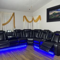Black Power Recliner Sectional with USB Ports, LED lights, Cup holders & Storage compartments