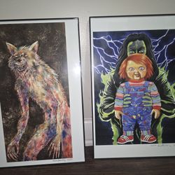 Unique Framed Werewolf and Chucky Doll Printed Art