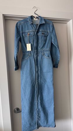 Denim Long-Sleeve Maxi Jumpsuit with Tags
