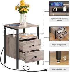 New Nightstand Set of 2 End Tables with Charging Station and USB Ports Side Table with Drawer and Storage Shelf Night Stand