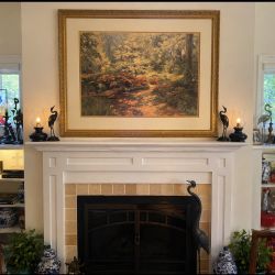 Beautiful Large Framed Wall Art Elegant decorative wall art featuring a peaceful garden scene with a brick pathway, blooming flowers, and a ben