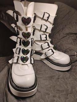Demonica White Platform Boots with Iridescent Heart Accents. Size 9.