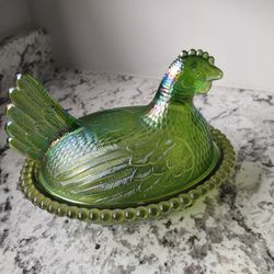 MCM Vintage Indiana Glass Company Lime Green Iridescent Carnival Hen On Nest Candy Nut Dish

