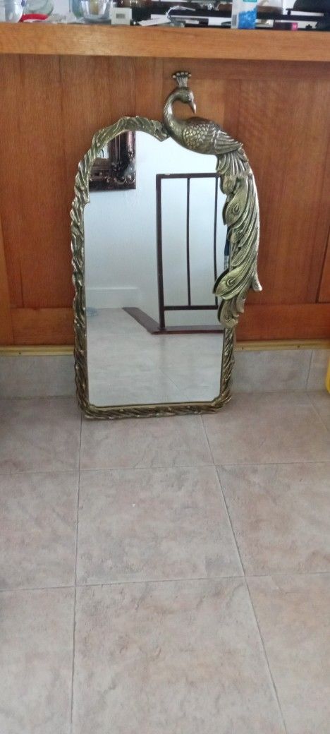 Heavy Metal Large Antique Brass Gold Color, Carved Peacock Mirror