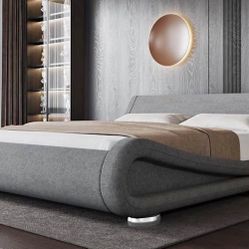 King Size Upholstered Platform Bed Frame, Ergonomic & Adjustable Headboard, Low Profile M