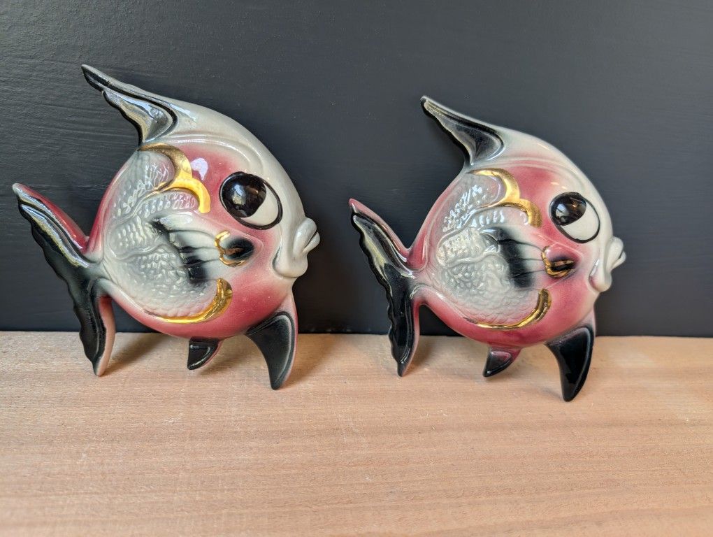 Vintage MCM Ceramic Fish Wall Pockets. One W/ Repaired Tail