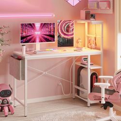 Bestier Gaming Desk with Power Outlets, 44 Inch Led Gamer Desk with 4 Tiers Reversible Shelves, PC Gaming Table with Headset Hook & Side Storage Bag f