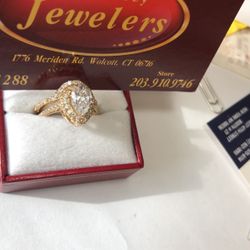 14 Kt “ Lab Created” Diamond Set In A Genuine Diamond Halo Mounting With Wedding Band Too 