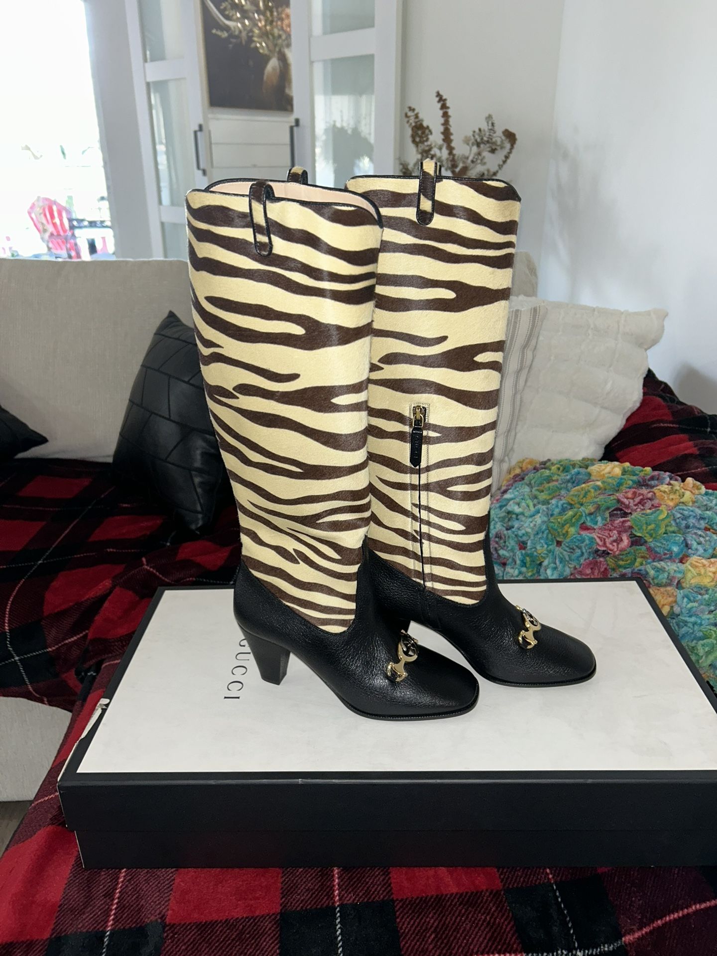 Gucci Zumi Tiger Print Calf Hair Interlocking G Horsebit Knee High