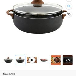 IMUSA 6.9qt Black Stone Aluminum Speckled Nonstick Caldero with Glass Lid & Wood Look Handles, Black  New  Only pickup
