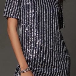 Anthropologie Flat White Short-Sleeve Sequin Stripe Midi Dress, NWT, XS