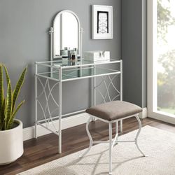 Vanity Set with Shelf and Upholstered Stool