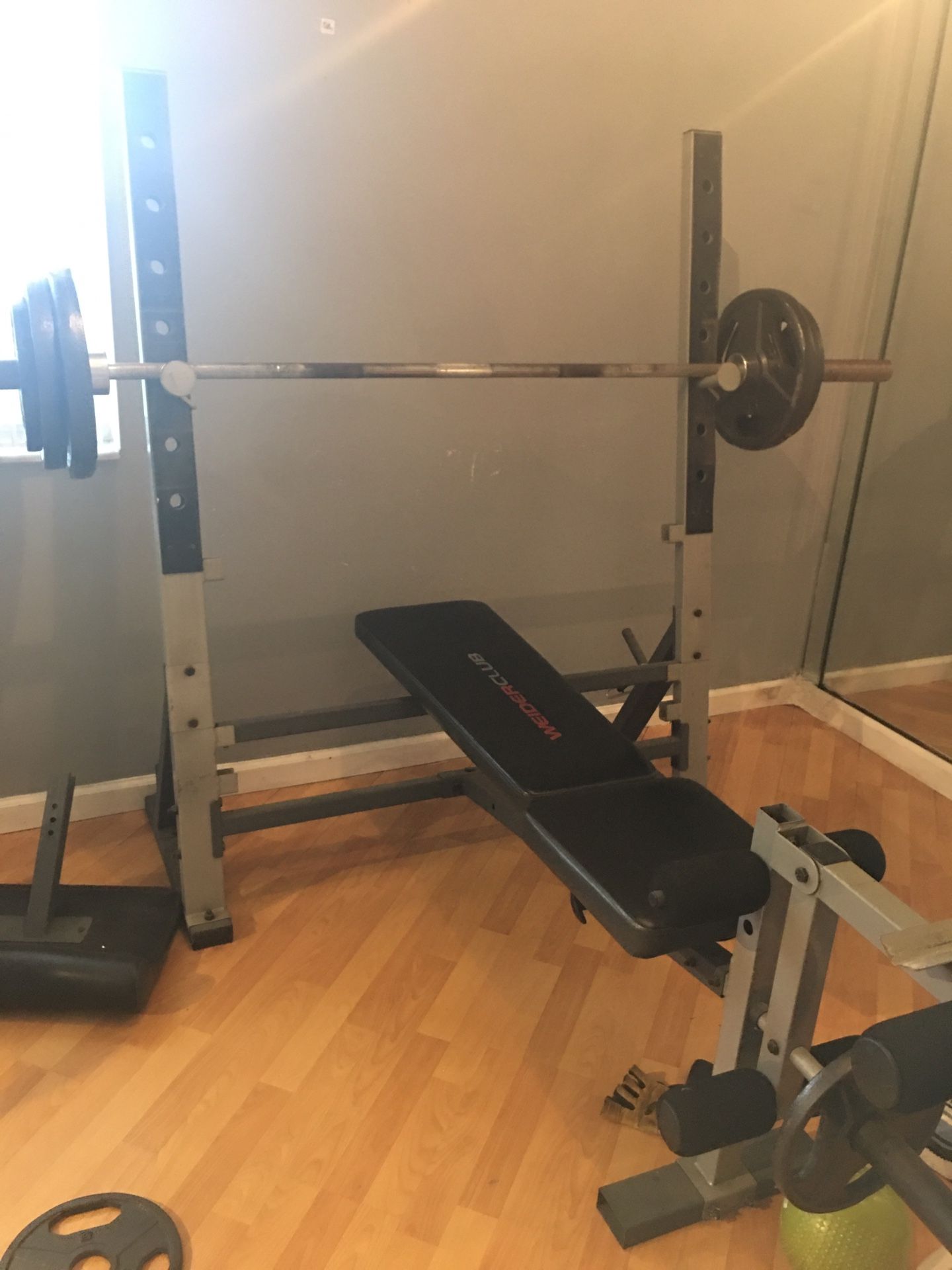 Weight lifting bench, chair, bar and weights