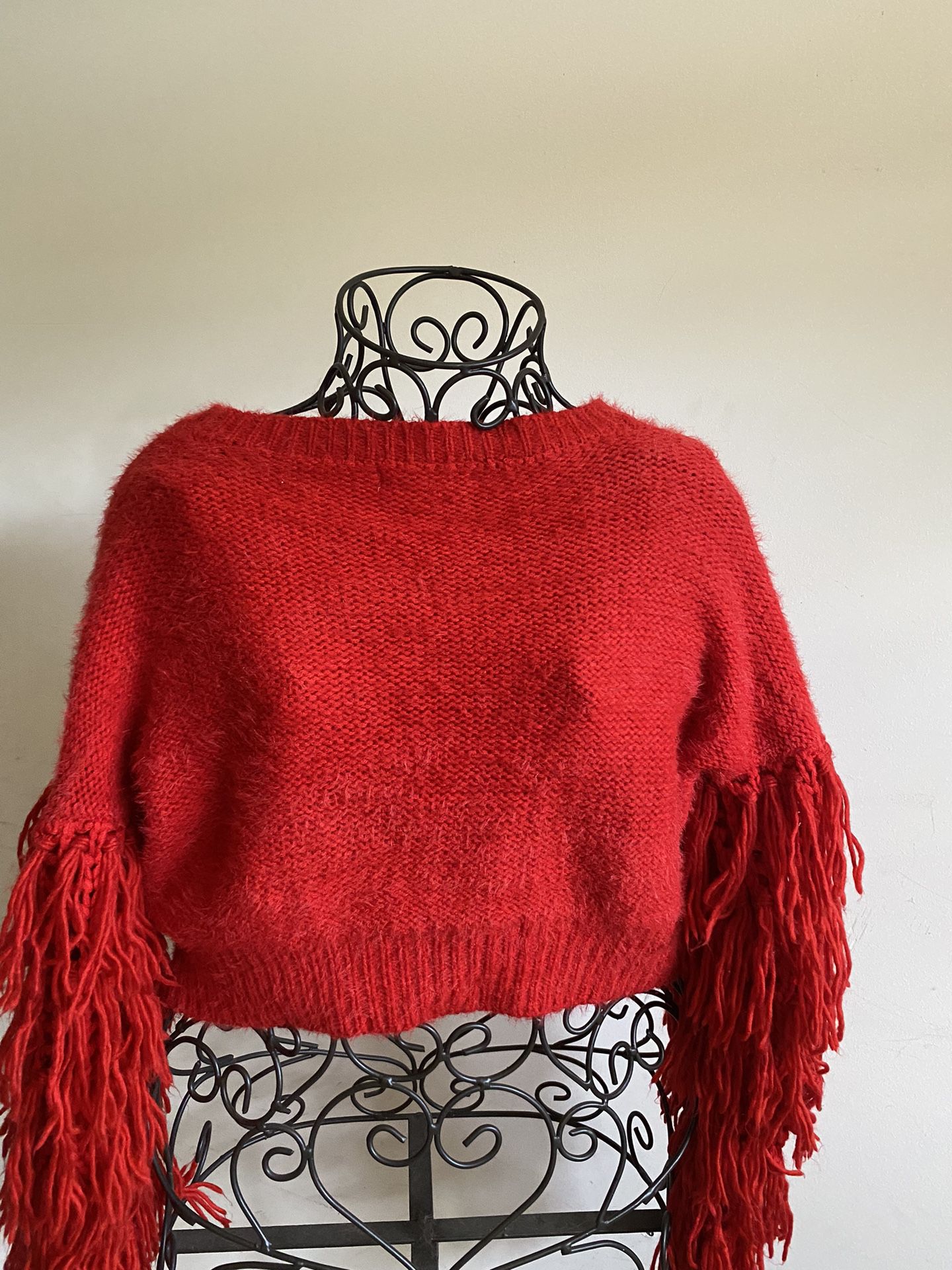 Vibrant Red Bohemian Tassled Wide Sleeve Sweater 