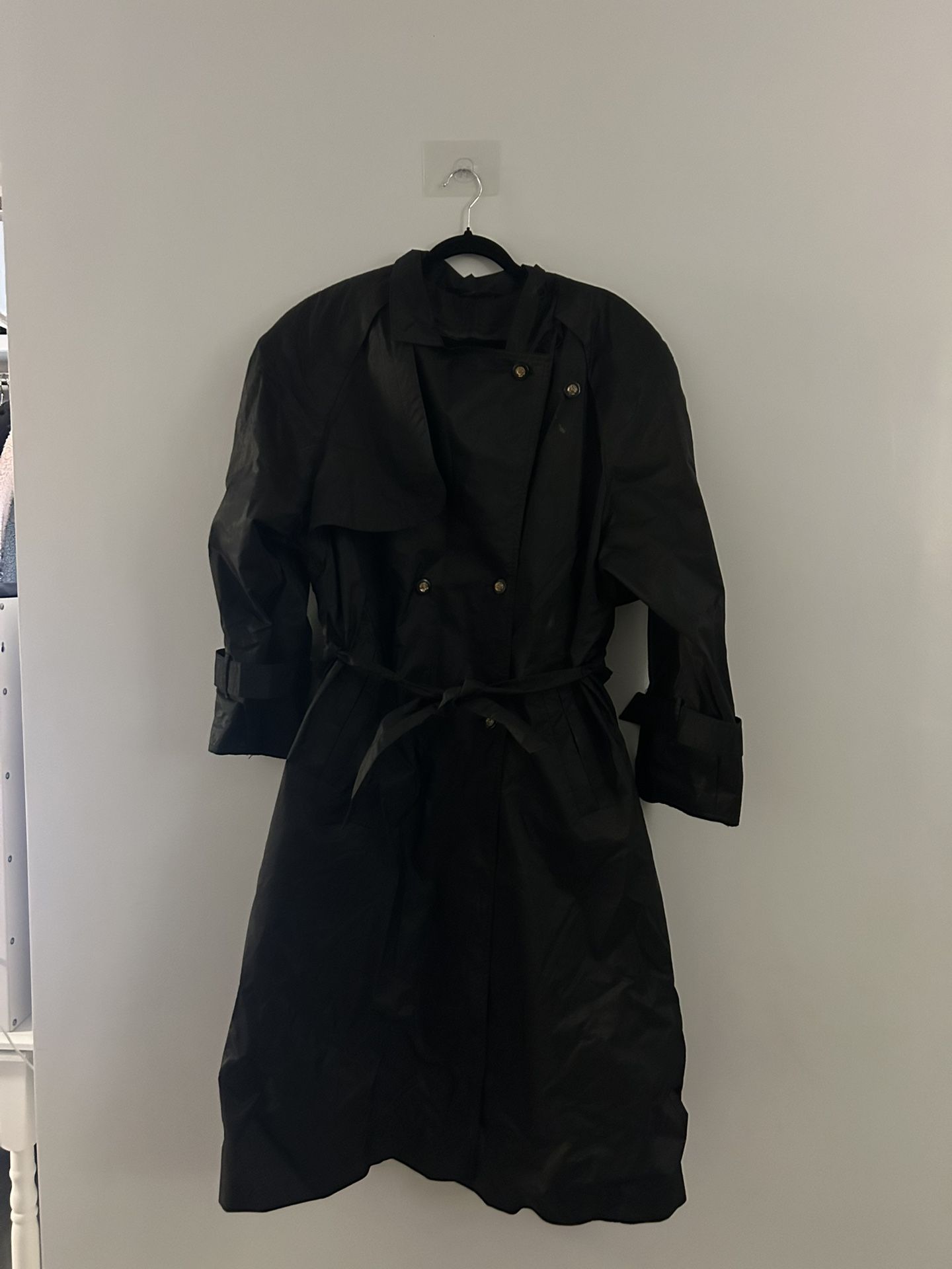 British Mist Black Linen Rain Coat Womens Trench Coat Rain Jacket Size 14 Vintage