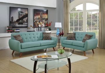 Brand new ash black/sky blue/tan linen 2PCs 82" sofa + 60" loveseat