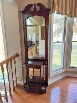 Brown Hall tree with coat hooks and umbrella holder for sale ☔ 

