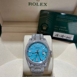 Rolex Datejust 41 41mm diamond set Tiffany blue dial iced out bussdown 126300 box and card