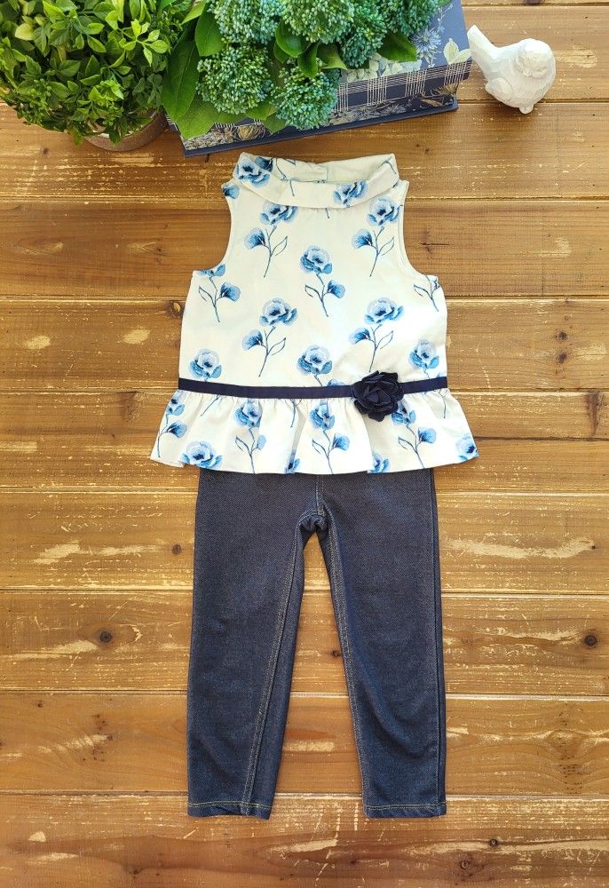 3T 2-PIECE OUTFIT JANIE AND JACK WHITE & BLUE FLORAL HALTER PEPLUM TOP W/DARK NAVY JEGGINGS