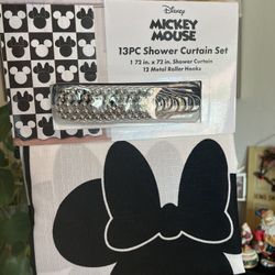 NEW! Fabric Mickey Mouse & Minnie Disney Shower Curtain 72” x 72" Tan Blk White 13 Pieces