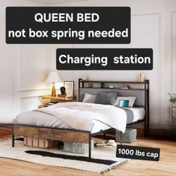 QUEEN metal  bed  with charging station rustic brown.