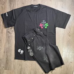 Chrome Hearts Black T-Shirt and Denim Shorts Set 34/LARGE