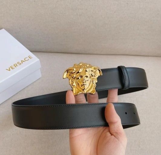 Versace Medusa Head Decorative Smooth Buckle Cowhide Leather Belt Men's Black Width 3.8cm