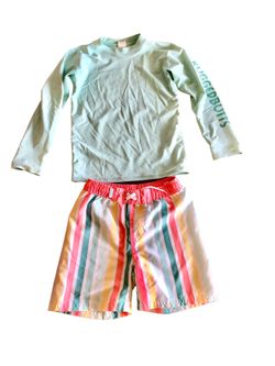 VGUC RuffleButts 6 / 7 Multicolor Stripe Swim Trunks & 7 Sage Green Rash-guard