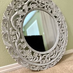Carved Wood Framed Round Mirror 