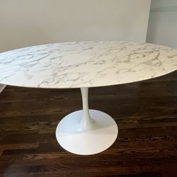 Modway Lippa 60" Oval-Shaped Mid-Century Modern Dining Table with Artificial Marble Top and White Base