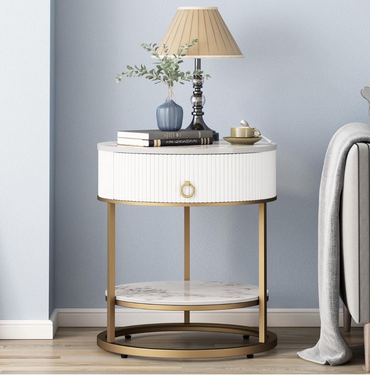 OIOG Round Side Table with Drawer, 2 Tier Night Stand with Shelf, Modern Side Table with Gold Legs for Living Room, Bedroom, Dorm, Marbling Natural St