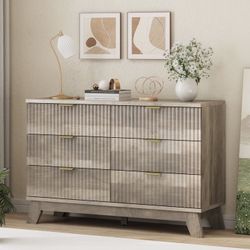 FANRAL 6 Drawer Dresser Fluted Dresser for Bedroom,Wooden Chest Of Drawers Modern Dresser for Closet,Gray Dresser