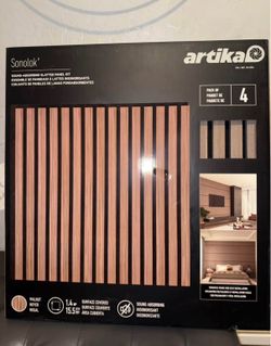 4-pack of Artika Sonolok walnut finish sound-absorbing slatted wall panels.