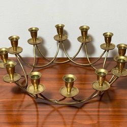Vintage Mid Century Gold Brass Lacquered 12 Votive Ring Candelabra Candle Stick Holder
