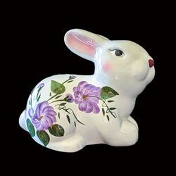 Ceramic Easter Bunny Hand Painted With Purple Flowers 4.75''H