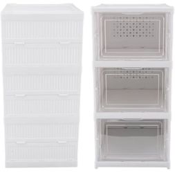 White and Black Stackable Shoe Storage Box, Clear Collapsible Shoe Organizer for