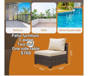 Outdoor Patio Furniture Set Components Two Brown PE Rattan Armless Sofas,Beige Set of 3 . Two seat . One side table 