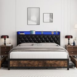 King LED Bed Frame W/ Storage & USB - KLVUP135 (Read Description)
