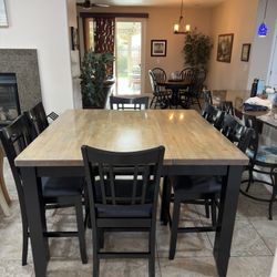 Counter Height Solid Wood Dining Table W/ 6 Chairs & Leaf