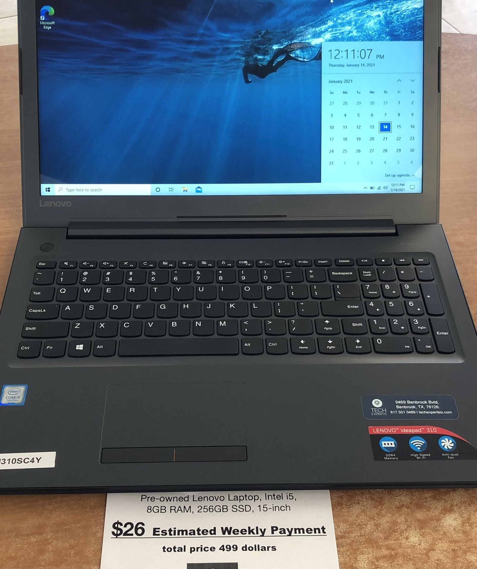 Lenovo Laptop, Intel i5, 8GB RAM, 256GB SSD, 15 Inch