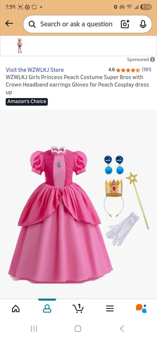 Girls Pink Princess Peach Costume Super Bros- Size Girls 6-7
